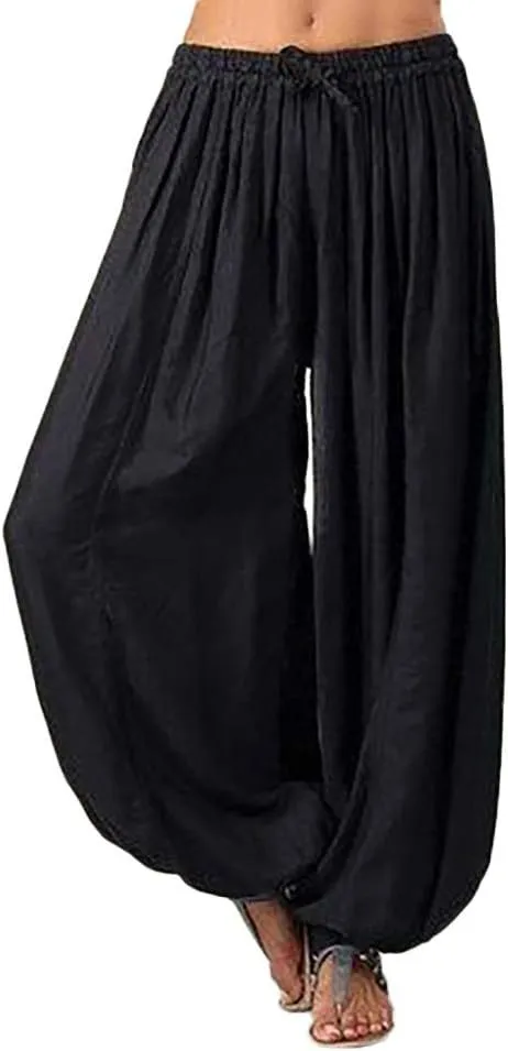 Womens Linen Summer Y2K Streetwear Pant Trousers Elastic Waist Stretchy Loose Fit Pants Vacation