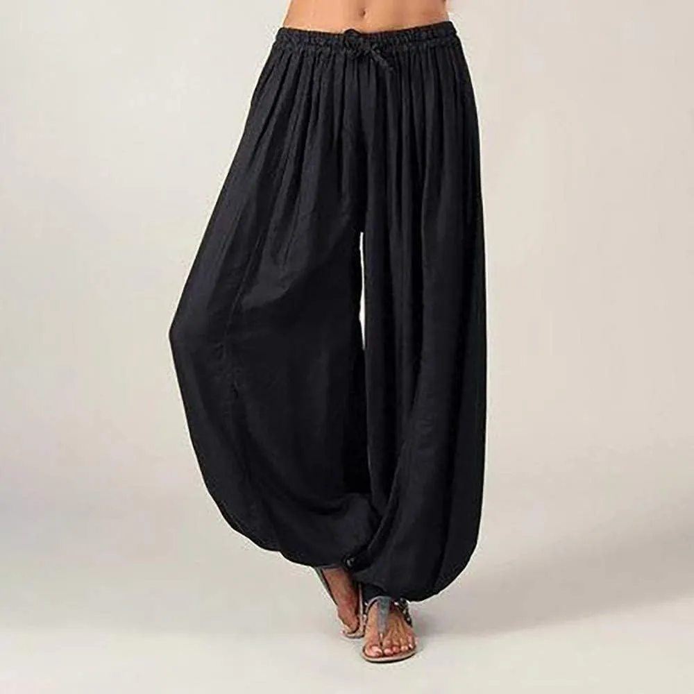 Womens Linen Summer Y2K Streetwear Pant Trousers Elastic Waist Stretchy Loose Fit Pants Vacation