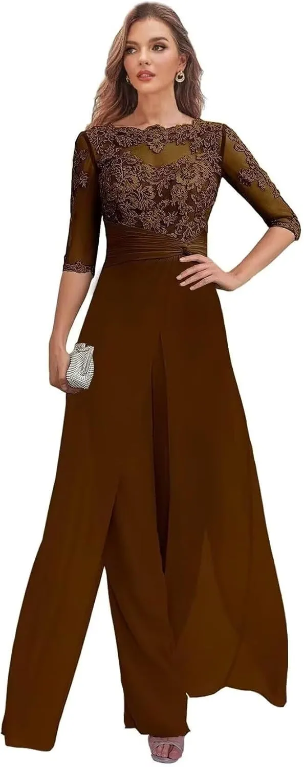 Women's Mother of The Bride Pant Suits Half Sleeve Formal Chiffon Outfit Jumpsuit for Wedding 2025 PS004