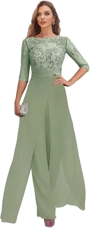Women's Mother of The Bride Pant Suits Half Sleeve Formal Chiffon Outfit Jumpsuit for Wedding 2025 PS004