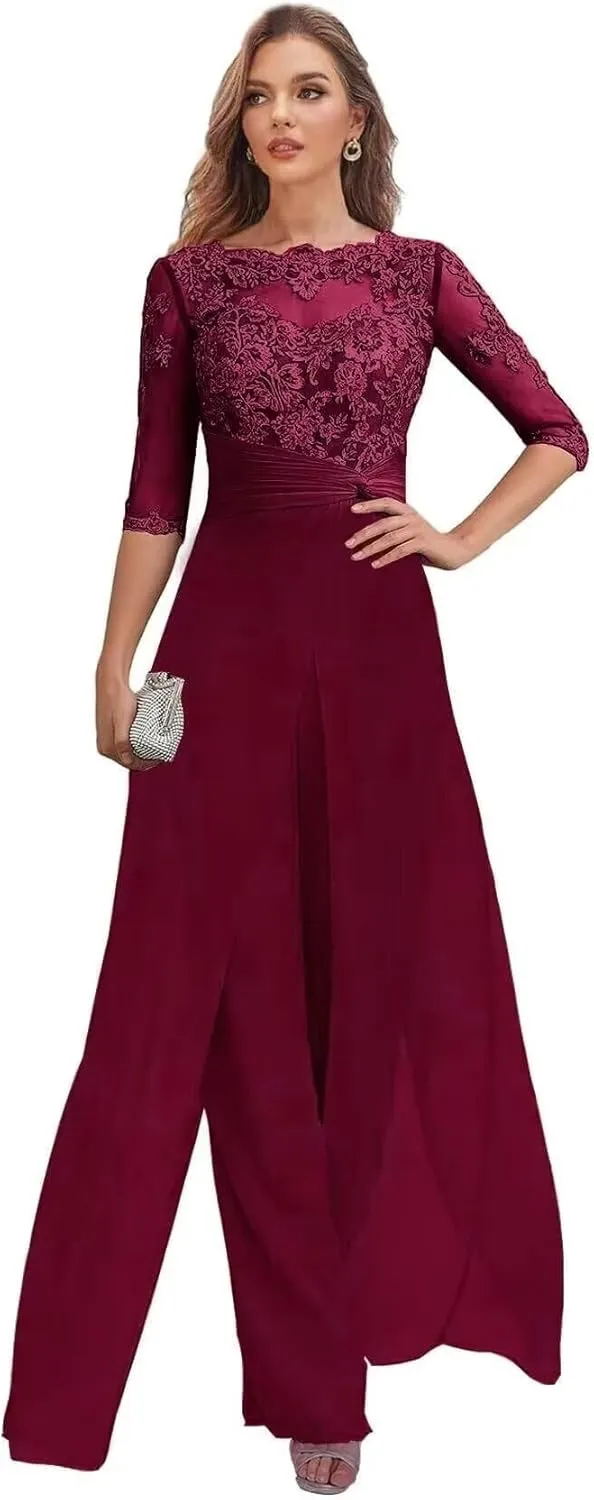 Women's Mother of The Bride Pant Suits Half Sleeve Formal Chiffon Outfit Jumpsuit for Wedding 2025 PS004