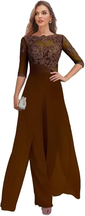 Women's Mother of The Bride Pant Suits Half Sleeve Formal Chiffon Outfit Jumpsuit for Wedding 2025 PS004