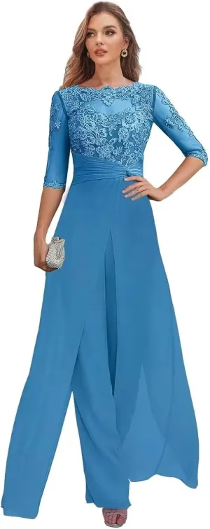 Women's Mother of The Bride Pant Suits Half Sleeve Formal Chiffon Outfit Jumpsuit for Wedding 2025 PS004