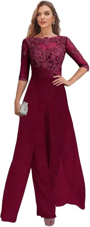 Women's Mother of The Bride Pant Suits Half Sleeve Formal Chiffon Outfit Jumpsuit for Wedding 2025 PS004