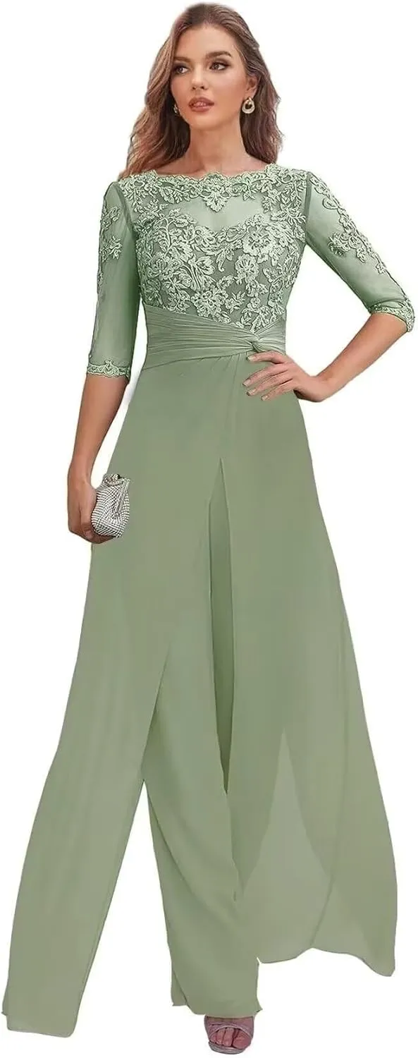 Women's Mother of The Bride Pant Suits Half Sleeve Formal Chiffon Outfit Jumpsuit for Wedding 2025 PS004
