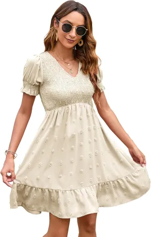 Womens Off Shoulder Summer Dresses Square Neck Short Sleeve Tie Backless Ruffle A Line Casual Layer Mini Dress