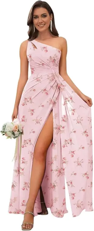 Women's One Shoulder Bridesmaid Dresses Long Floral Chiffon Formal Evening Gown with Slit Bohemian