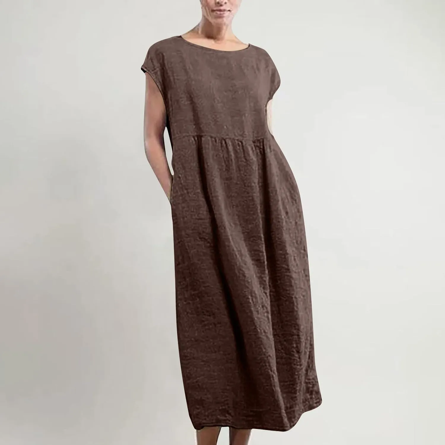 Womens Plus Size Cotton Linen Dress Summer Short Sleeve Shirt Dress with Pockets Flowy Hide Belly Dress