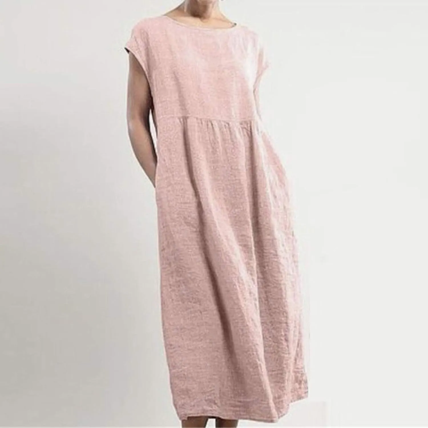 Womens Plus Size Cotton Linen Dress Summer Short Sleeve Shirt Dress with Pockets Flowy Hide Belly Dress