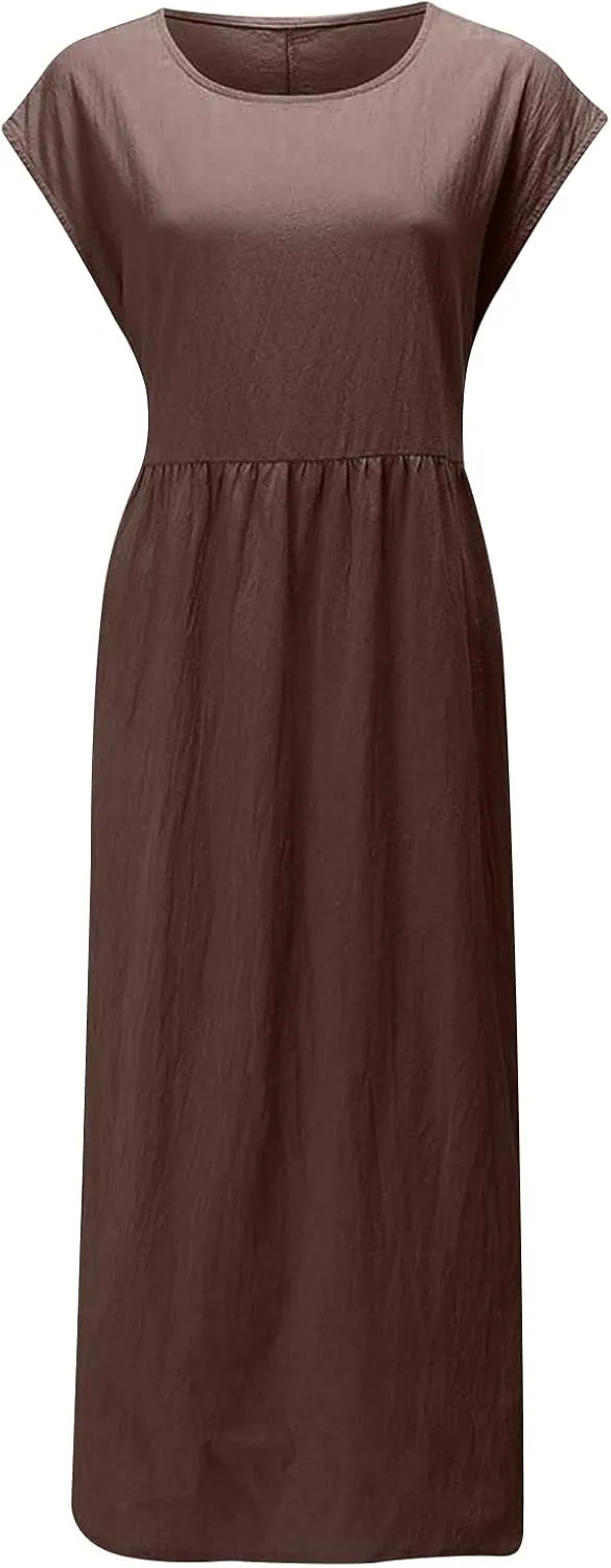 Womens Plus Size Cotton Linen Dress Summer Short Sleeve Shirt Dress with Pockets Flowy Hide Belly Dress