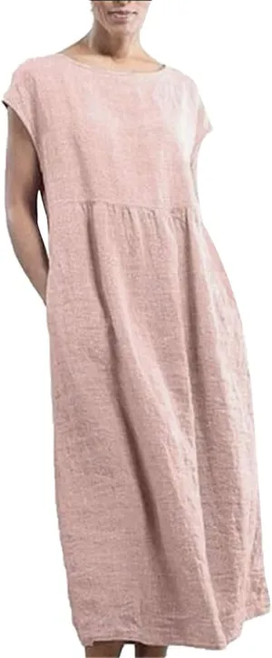 Womens Plus Size Cotton Linen Dress Summer Short Sleeve Shirt Dress with Pockets Flowy Hide Belly Dress