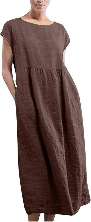 Womens Plus Size Cotton Linen Dress Summer Short Sleeve Shirt Dress with Pockets Flowy Hide Belly Dress
