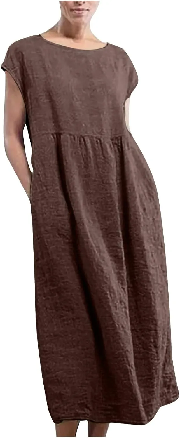 Womens Plus Size Cotton Linen Dress Summer Short Sleeve Shirt Dress with Pockets Flowy Hide Belly Dress