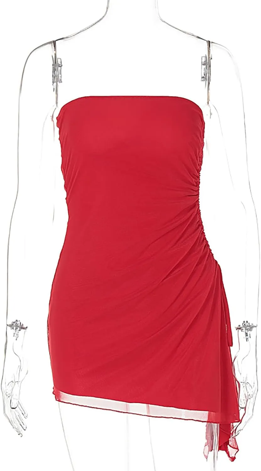 Women's Sexy Ruched Mesh Strapless Y2k Bodycon Dress Backless Tube Side Split Mini Dresses