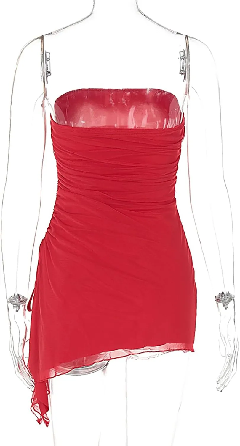 Women's Sexy Ruched Mesh Strapless Y2k Bodycon Dress Backless Tube Side Split Mini Dresses