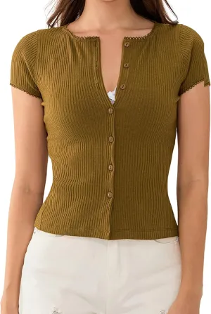 Womens Short Sleeve Button Up Slim Tshirt Crewneck Button Down Ribbed Knit Cardigan Tee Going Out Basic Dressy Tops