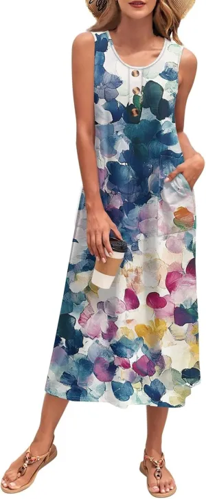 Women's Sleeveless Midi Dress with Pockets, Summer Casual Boho Floral Button Down Loose Comfy Tank Beach Sundress