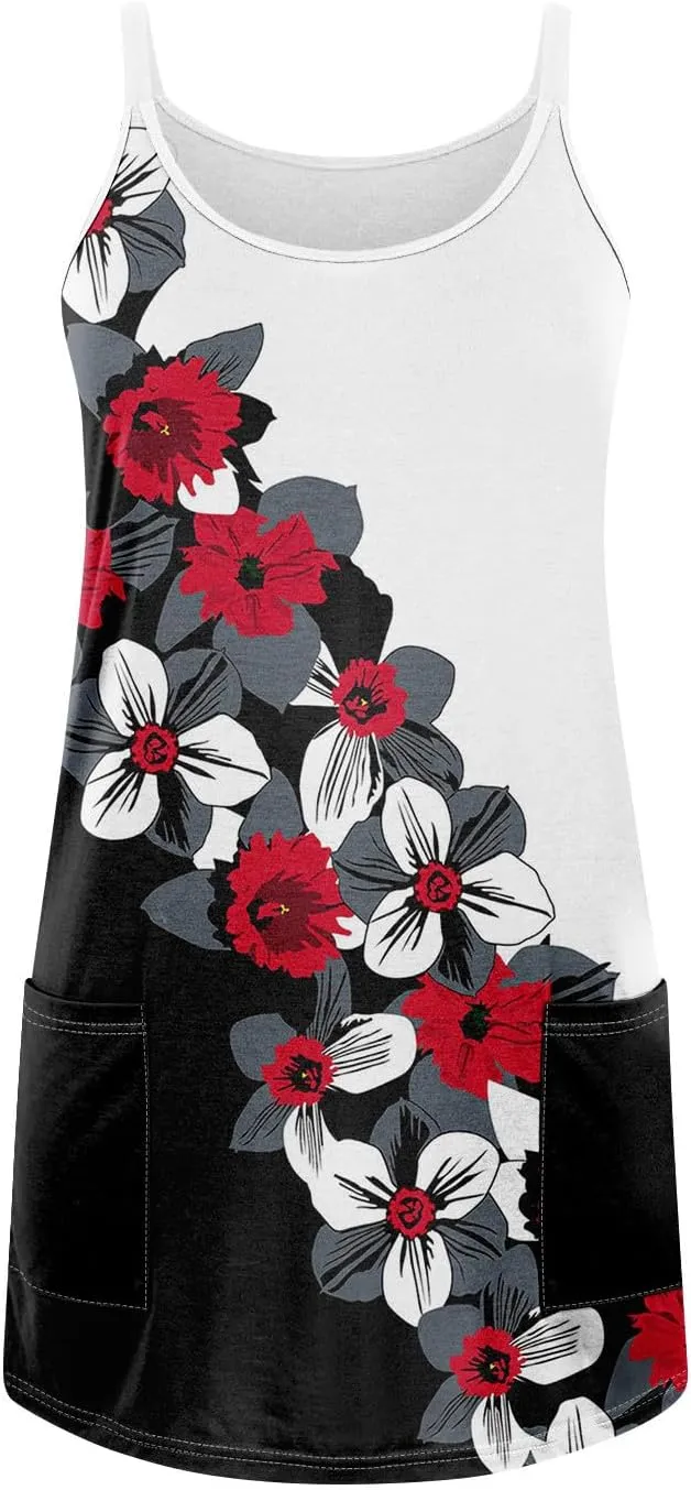 Women's Spaghetti Strap Dress Summer Color Block Print Sleeveless Sundress Casual Vacation Beach Dresses with Pockets