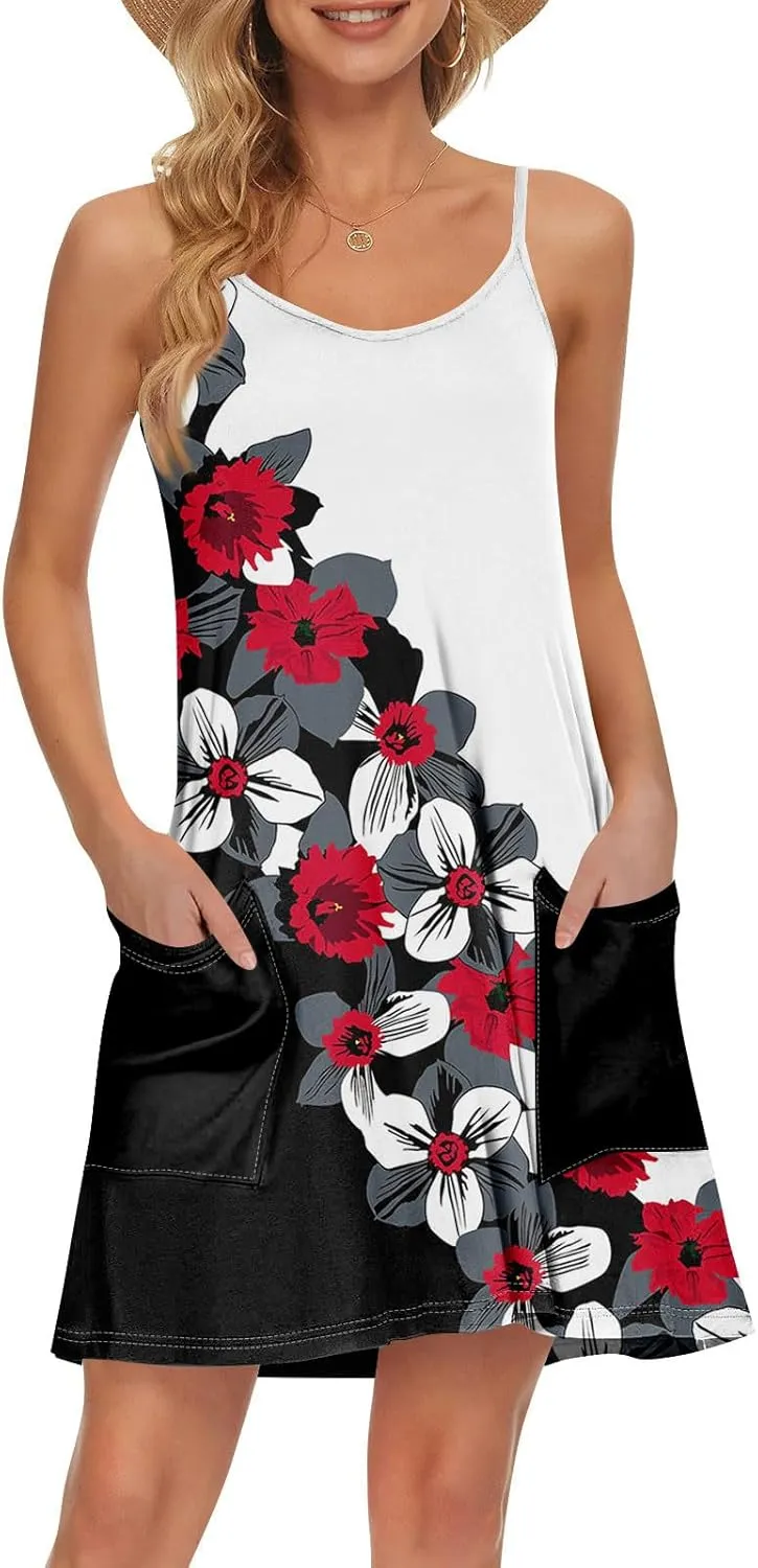 Women's Spaghetti Strap Dress Summer Color Block Print Sleeveless Sundress Casual Vacation Beach Dresses with Pockets