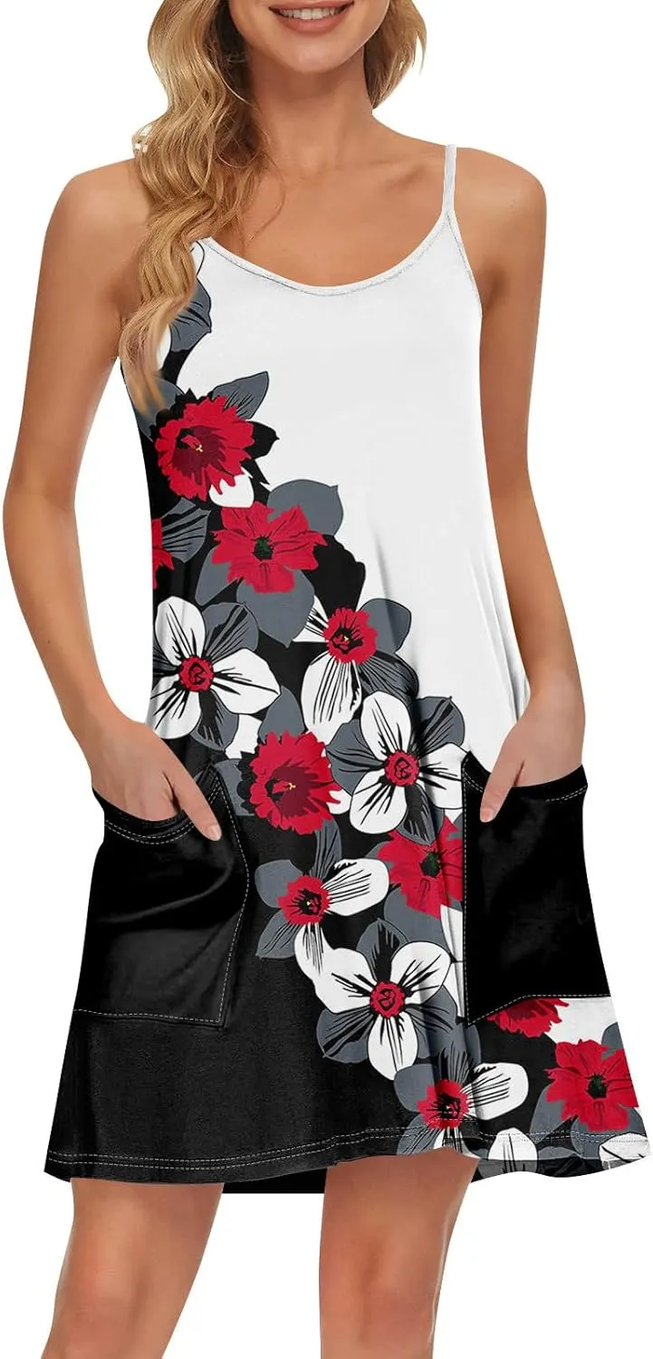 Women's Spaghetti Strap Dress Summer Color Block Print Sleeveless Sundress Casual Vacation Beach Dresses with Pockets
