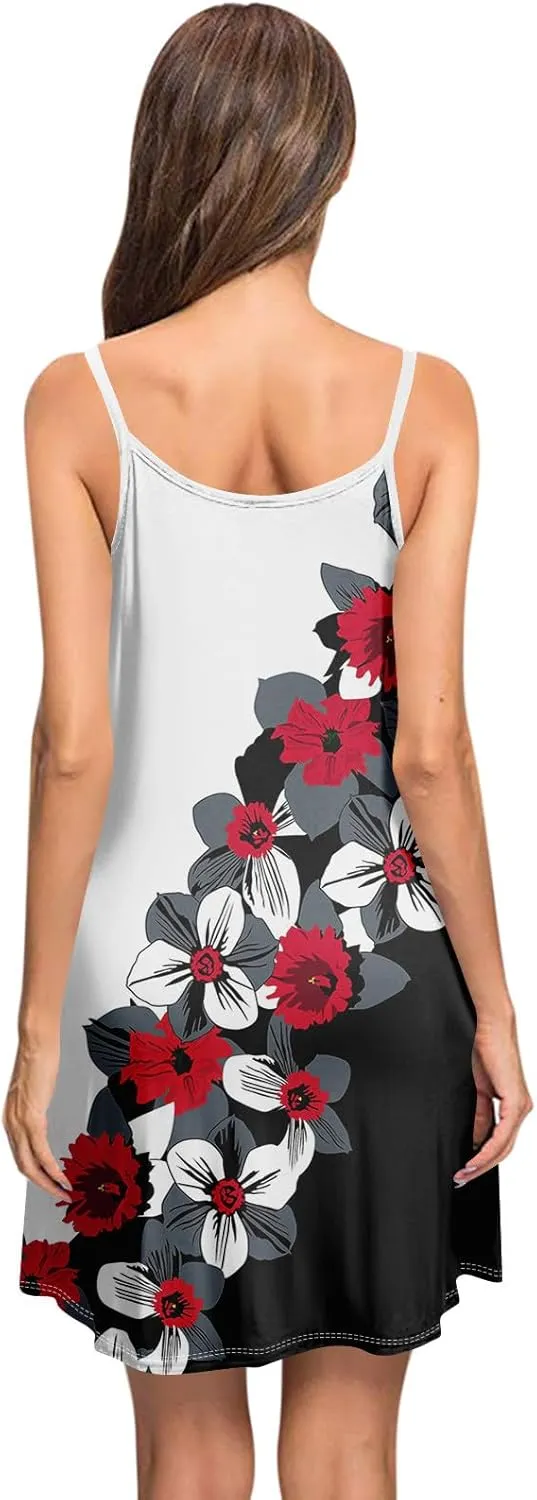 Women's Spaghetti Strap Dress Summer Color Block Print Sleeveless Sundress Casual Vacation Beach Dresses with Pockets