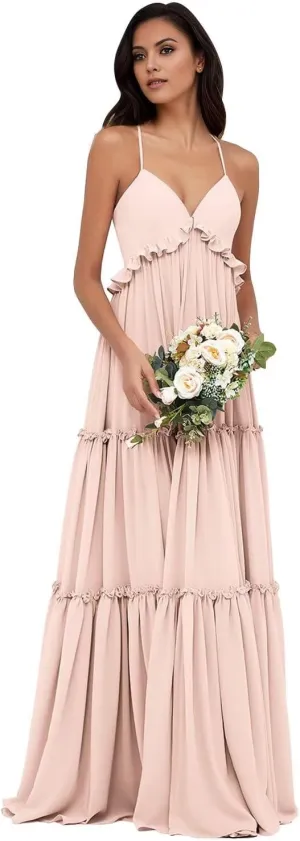 Women's Spaghetti Straps Chiffon Bridesmaid Dresses for Wedding Party V-Neck Tiered Formal Guest Evening Gowns DR0743