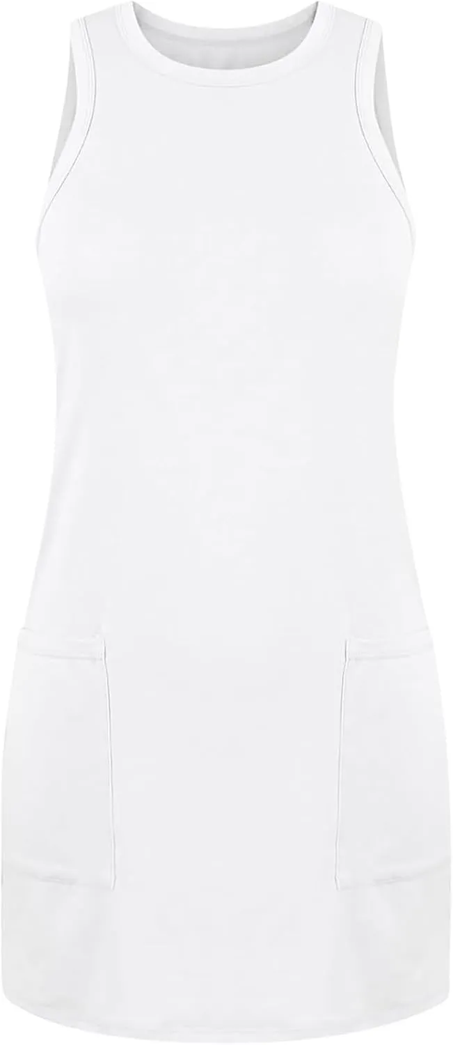 Womens Summer Bodycon Sundress with Pockets Slim Fit Mini Solid Tank Sleeveless Crewneck Casual Dress Sexy Dress