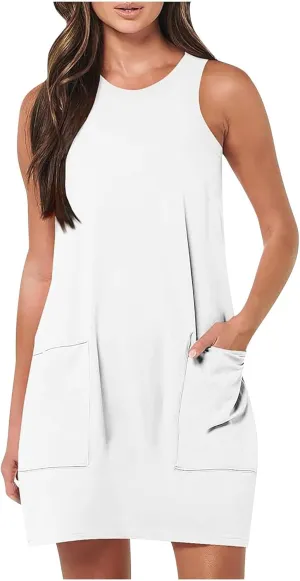 Womens Summer Bodycon Sundress with Pockets Slim Fit Mini Solid Tank Sleeveless Crewneck Casual Dress Sexy Dress