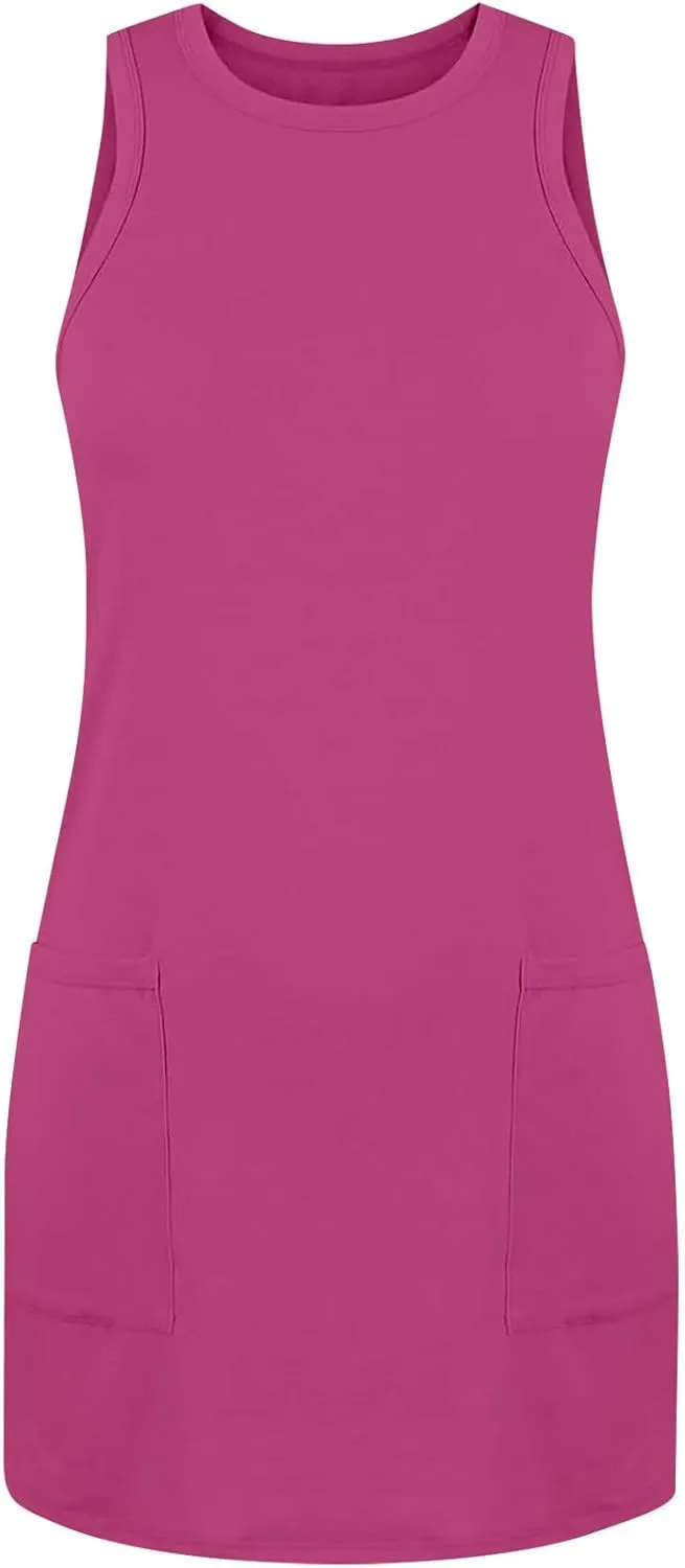 Womens Summer Bodycon Sundress with Pockets Slim Fit Mini Solid Tank Sleeveless Crewneck Casual Dress Sexy Dress