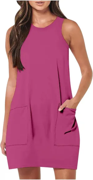 Womens Summer Bodycon Sundress with Pockets Slim Fit Mini Solid Tank Sleeveless Crewneck Casual Dress Sexy Dress