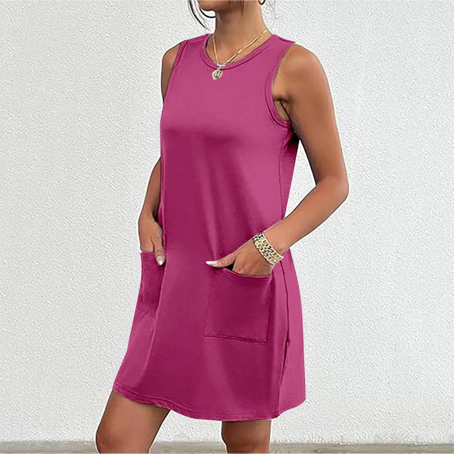 Womens Summer Bodycon Sundress with Pockets Slim Fit Mini Solid Tank Sleeveless Crewneck Casual Dress Sexy Dress