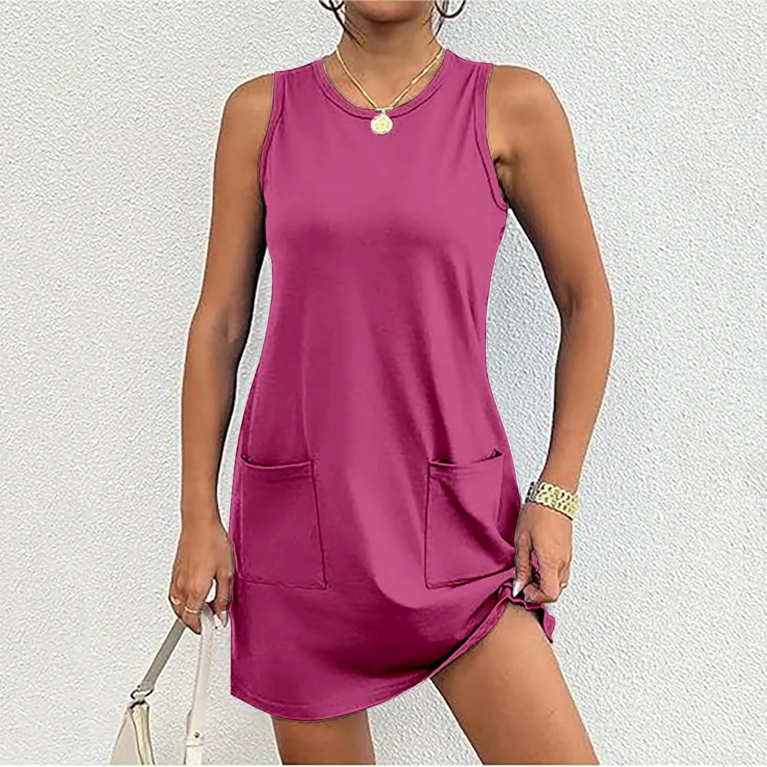 Womens Summer Bodycon Sundress with Pockets Slim Fit Mini Solid Tank Sleeveless Crewneck Casual Dress Sexy Dress