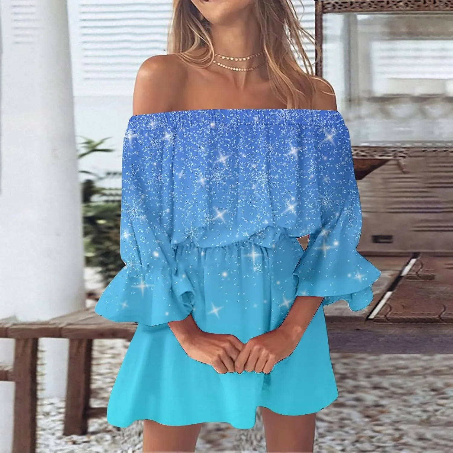 Womens Summer Dresses 2024 Off Shoulder Ruffle Long Sleeve Dress Boho Floral Mini Dress Strapless Short Dress