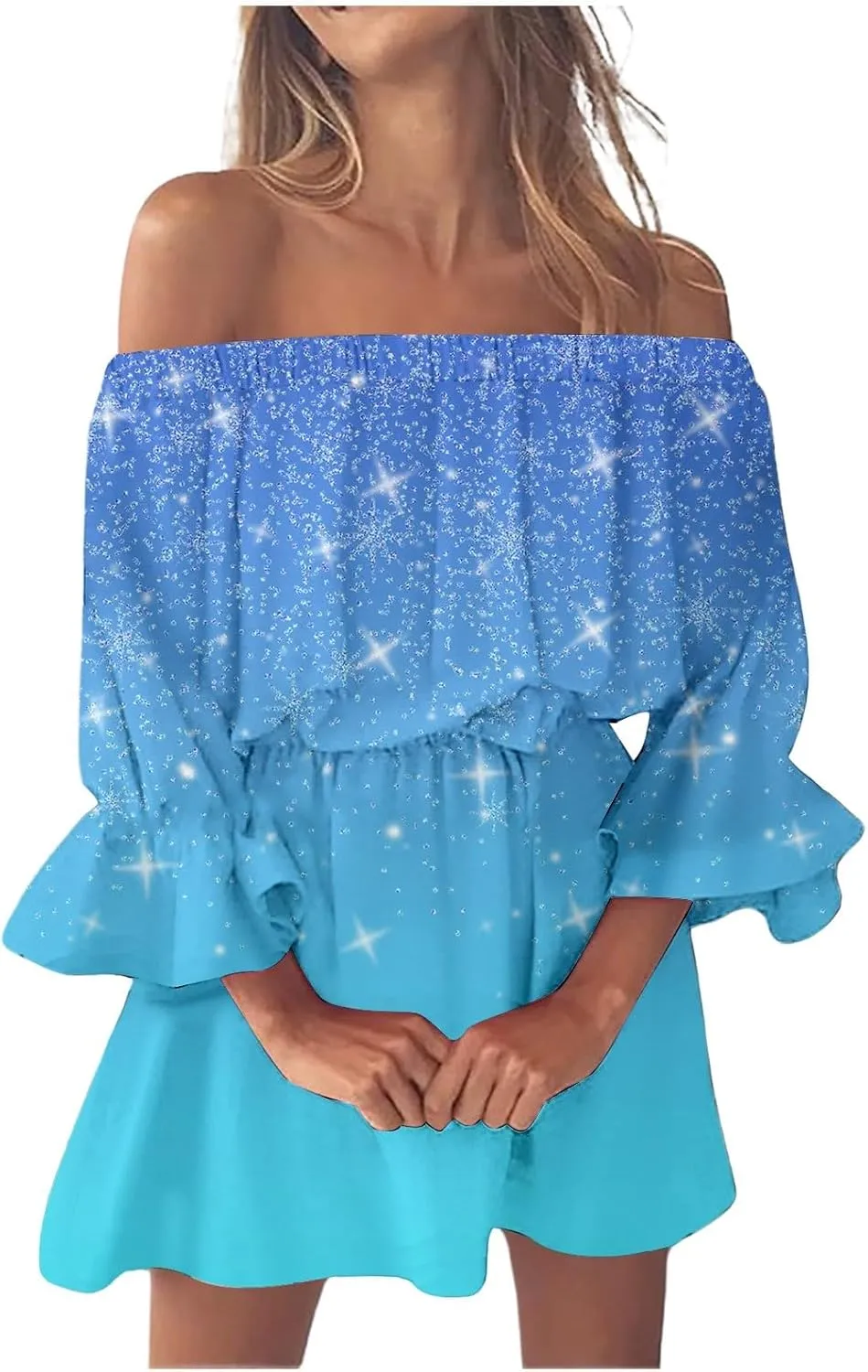 Womens Summer Dresses 2024 Off Shoulder Ruffle Long Sleeve Dress Boho Floral Mini Dress Strapless Short Dress