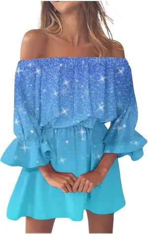 Womens Summer Dresses 2024 Off Shoulder Ruffle Long Sleeve Dress Boho Floral Mini Dress Strapless Short Dress