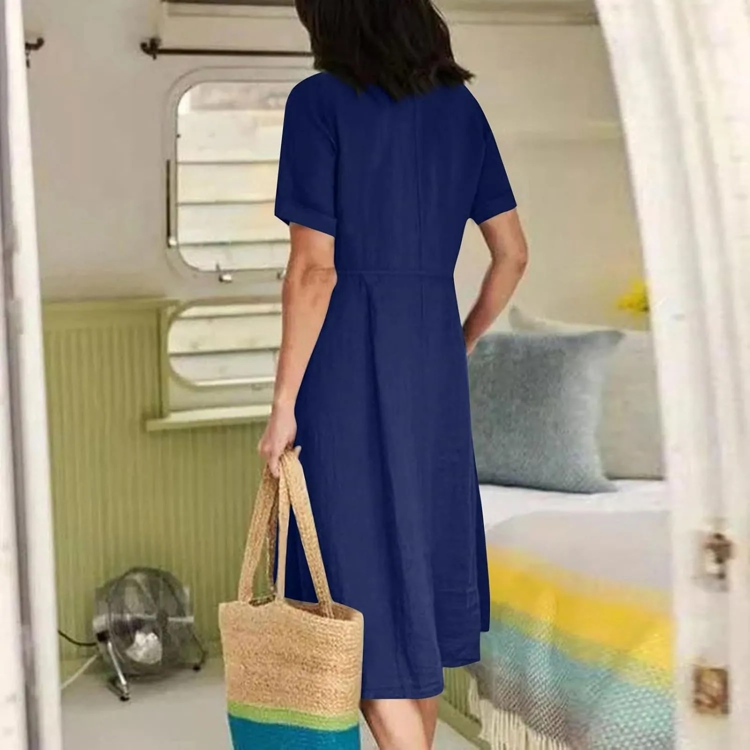 Women's Summer Dresses 2025 Casual Loose Trendy Short Sleeve V-Neck Solid Color Button Linen Dress Plus Size, S-5XL