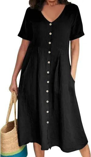 Women's Summer Dresses 2025 Casual Loose Trendy Short Sleeve V-Neck Solid Color Button Linen Dress Plus Size, S-5XL