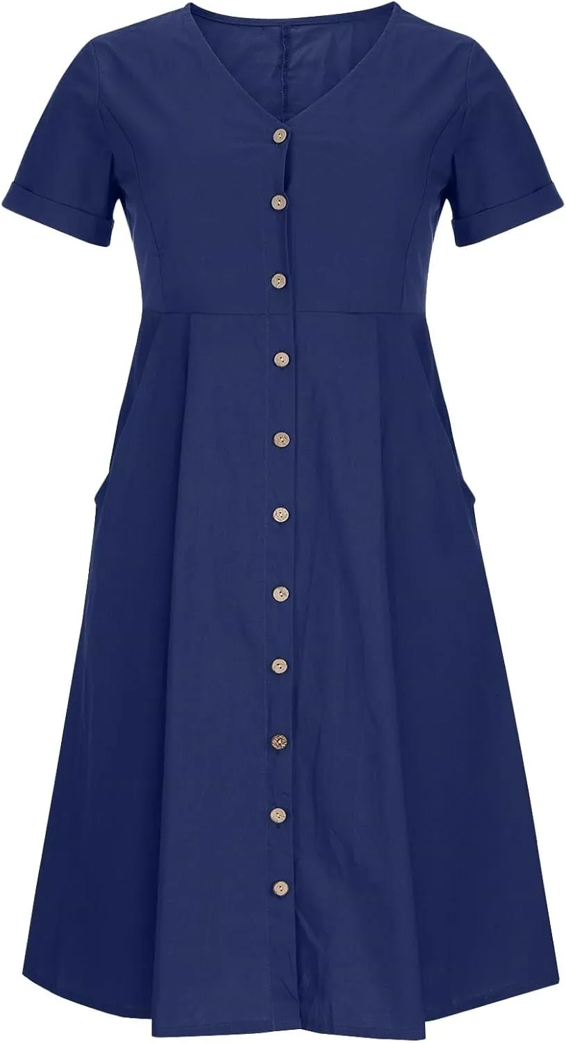 Women's Summer Dresses 2025 Casual Loose Trendy Short Sleeve V-Neck Solid Color Button Linen Dress Plus Size, S-5XL