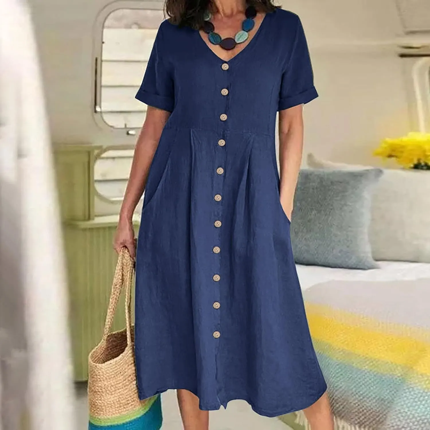 Women's Summer Dresses 2025 Casual Loose Trendy Short Sleeve V-Neck Solid Color Button Linen Dress Plus Size, S-5XL