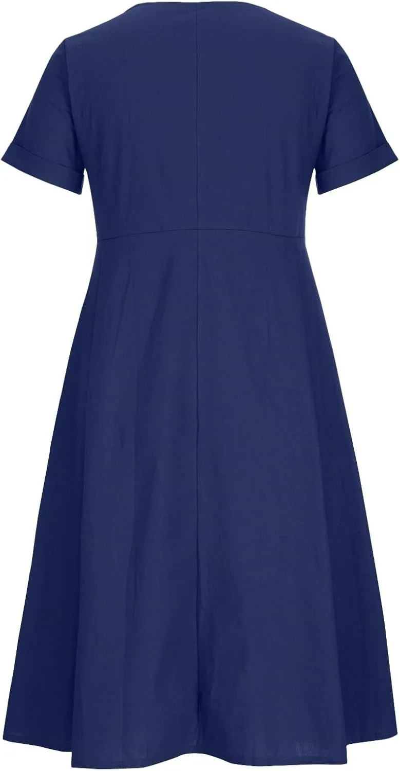 Women's Summer Dresses 2025 Casual Loose Trendy Short Sleeve V-Neck Solid Color Button Linen Dress Plus Size, S-5XL