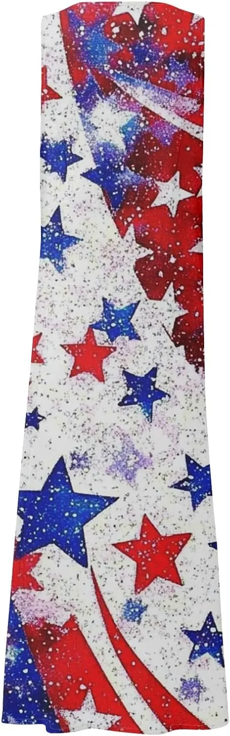 Womens Summer Dresses 2025 Trendy Stars Stripes Sleeveless Spaghetti Straps Maxi Dress 4th of July Patriotic Sundress