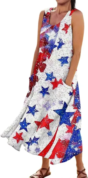 Womens Summer Dresses 2025 Trendy Stars Stripes Sleeveless Spaghetti Straps Maxi Dress 4th of July Patriotic Sundress