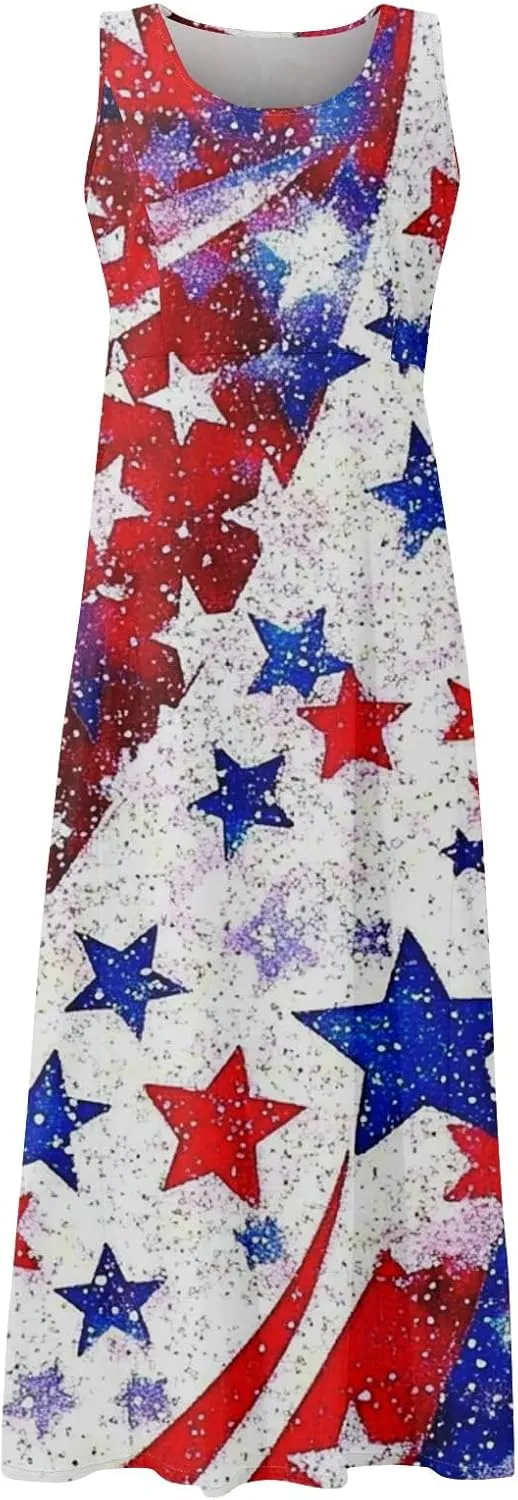 Womens Summer Dresses 2025 Trendy Stars Stripes Sleeveless Spaghetti Straps Maxi Dress 4th of July Patriotic Sundress