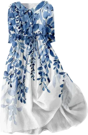 Womens Summer Dresses 3/4 Sleeve Lapel Neck Button Cute A Line Lace-Up Dress Boho Floral Vacation Beach Maxi Dress