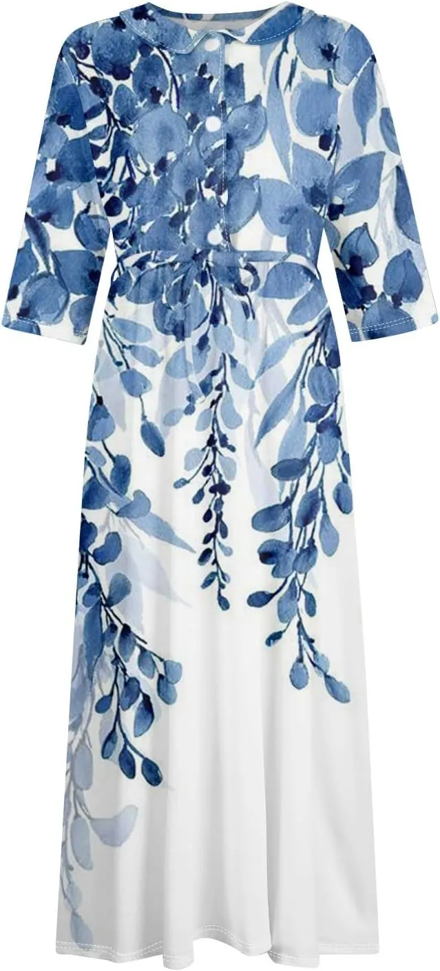 Womens Summer Dresses 3/4 Sleeve Lapel Neck Button Cute A Line Lace-Up Dress Boho Floral Vacation Beach Maxi Dress