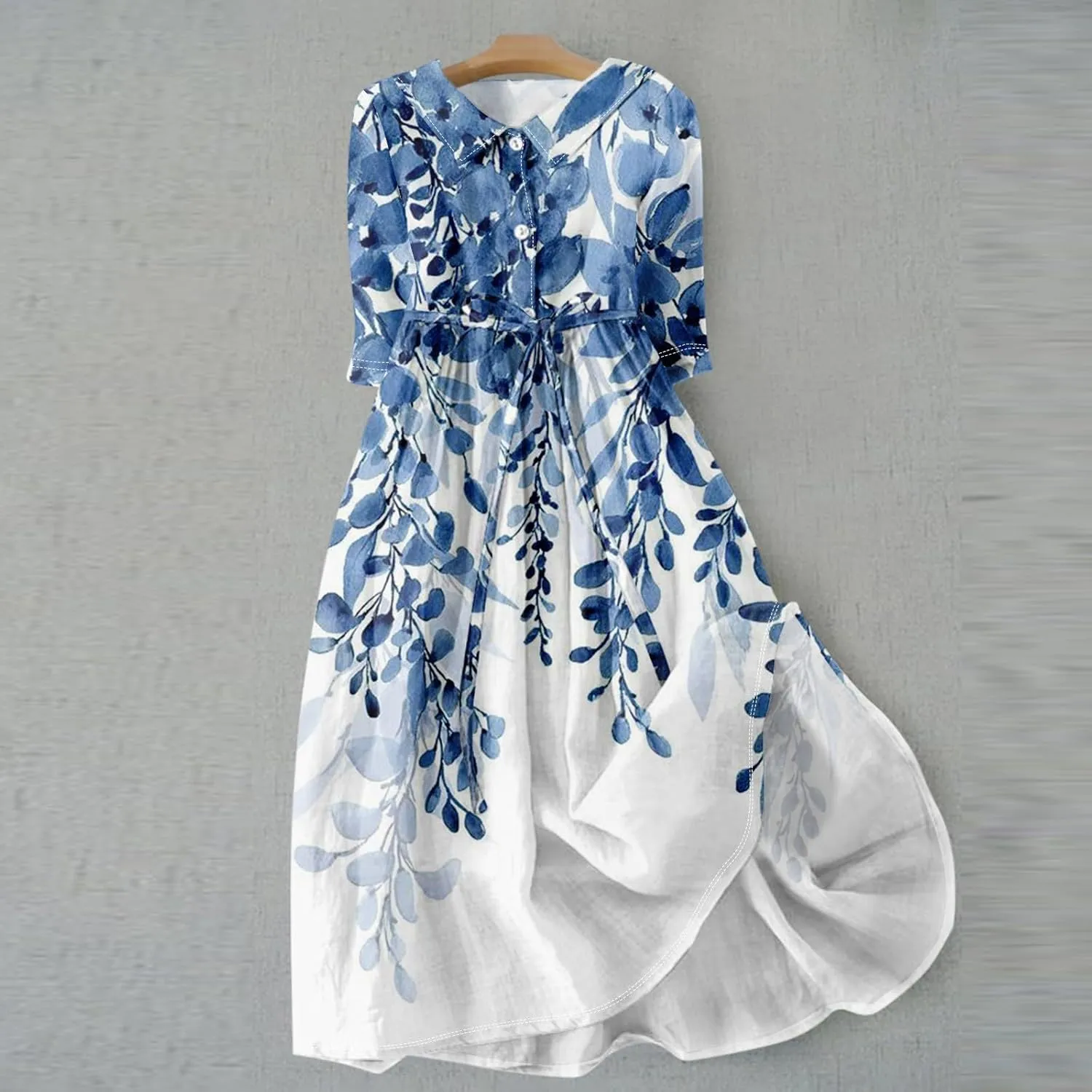Womens Summer Dresses 3/4 Sleeve Lapel Neck Button Cute A Line Lace-Up Dress Boho Floral Vacation Beach Maxi Dress