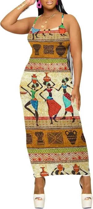 Women's Summer Maxi Dress Plus Size Tank Dress Sleeveless Spaghetti Strap Beach Midi Dress Long Bodycon Sexy Dress