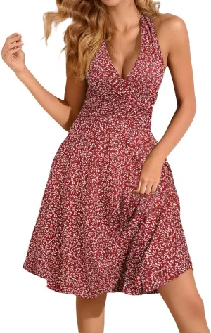 Women's Summer Sleeveless Sundress Sexy Wrap Halter V Neck 2025 Spring Floral Elastic Waist Ruffle Mini Dress Beach Vacation