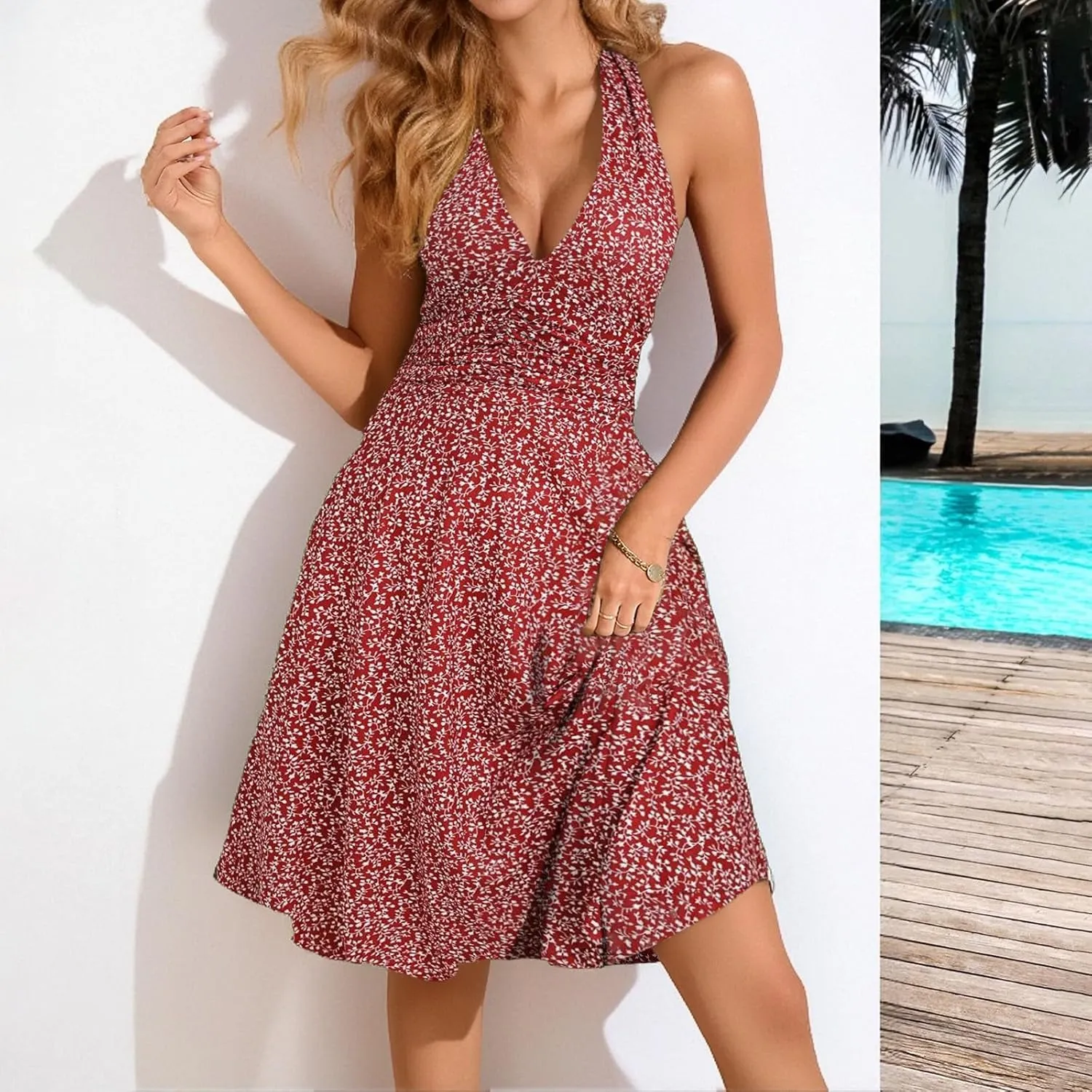 Women's Summer Sleeveless Sundress Sexy Wrap Halter V Neck 2025 Spring Floral Elastic Waist Ruffle Mini Dress Beach Vacation