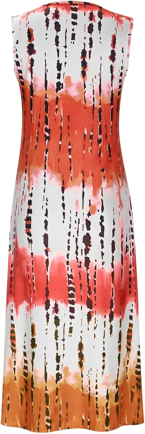 Womens Summer Sleeveless Tank Maxi Dress 2025 Fashion Tie Dye Crewneck Beach Dresses Y2K Casual Loose Slits Sundress